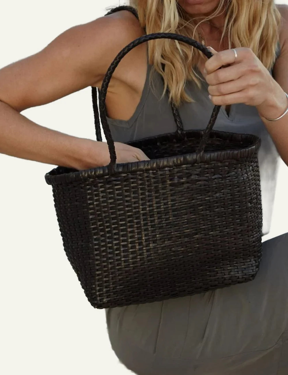 Dragon Diffusion B Weave Small dark brown woven leather basket bag front model view