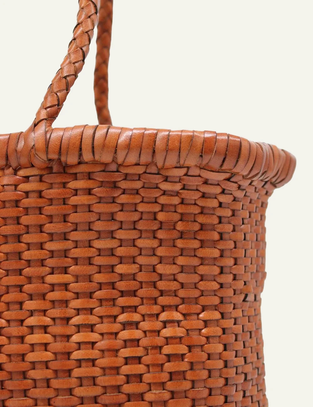 Dragon Diffusion B Weave Small tan woven leather basket bag front detail view