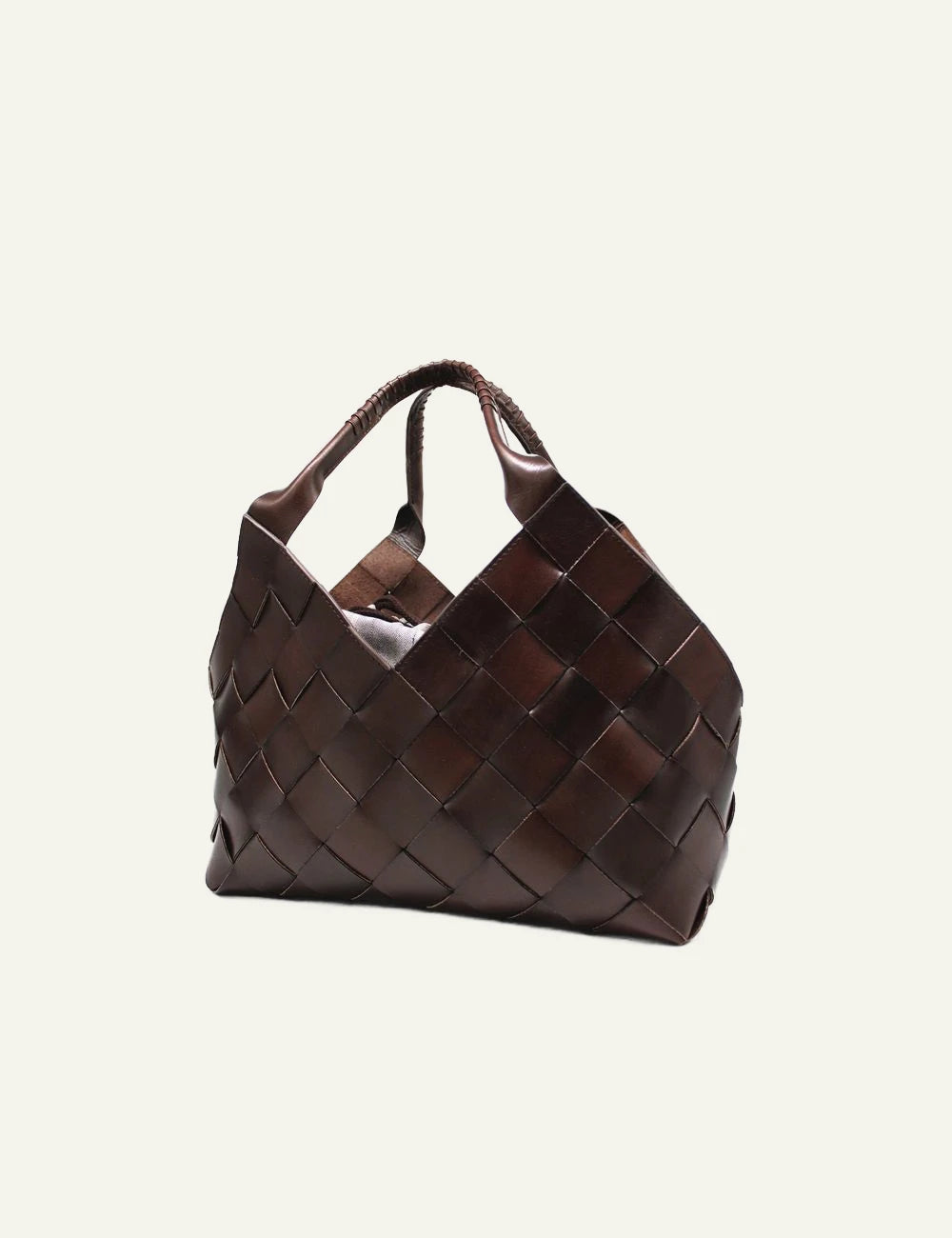 Dragon Diffusion Castello woven leather shoulder tote in dark brown angled view