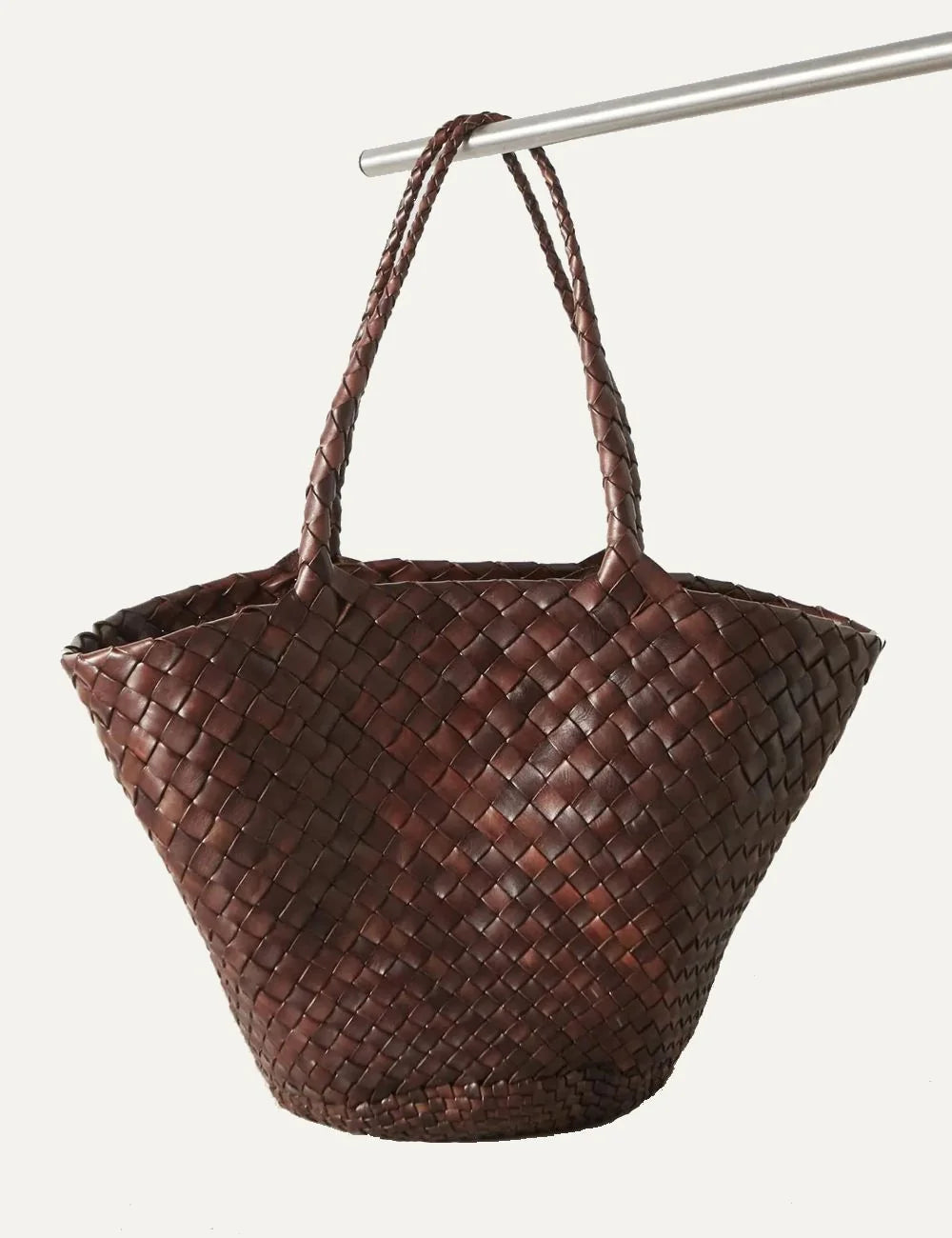 Dragon Diffusion dark brown woven leather basket bag with oversized shape front view