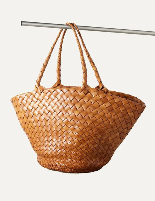 Dragon Diffusion woven leather basket bag in tan with oversized shape front view