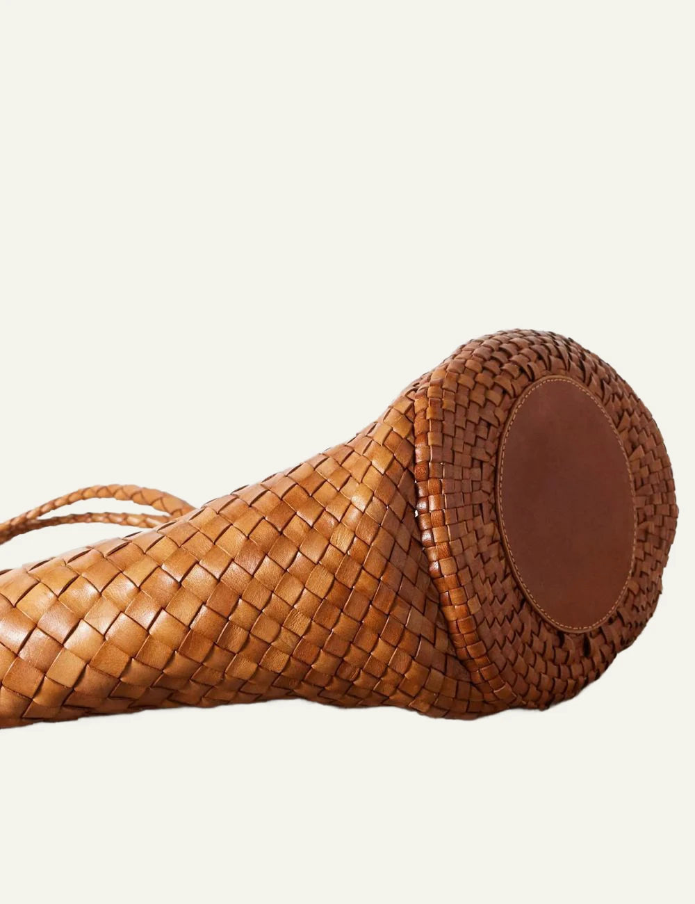Dragon Diffusion woven leather basket bag in tan with oversized shape bottom view