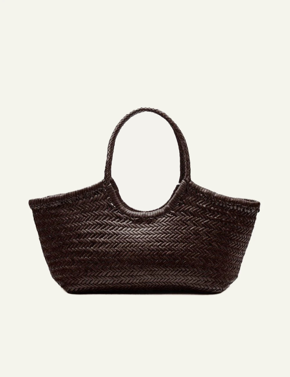 Dragon Diffusion woven leather tote bag in dark brown with braided handles front view