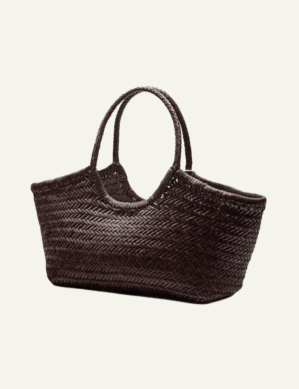 Dragon Diffusion woven leather tote bag in dark brown with braided handles side view