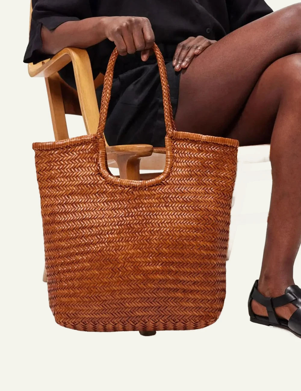 Dragon Diffusion NS Diagonal Triple Jump tan woven leather shoulder bag front model view