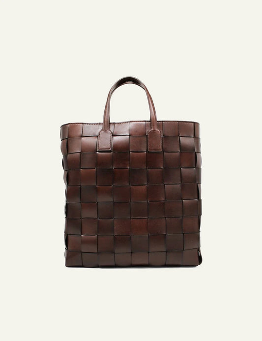 Dragon Diffusion dark brown woven leather tote bag with structured silhouette front view