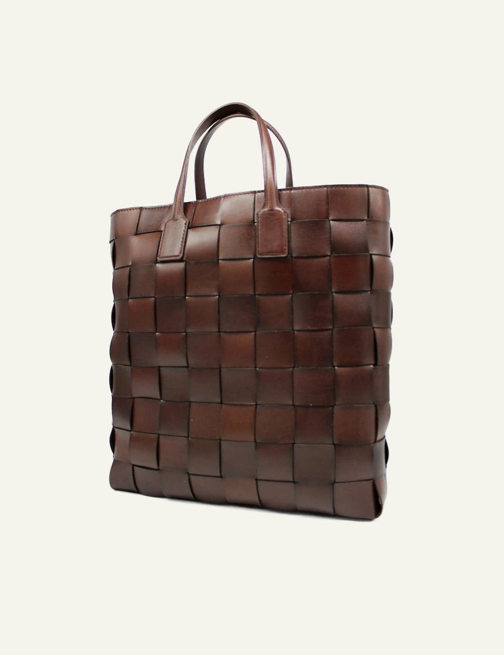 Dragon Diffusion dark brown woven leather tote bag with structured silhouette side view