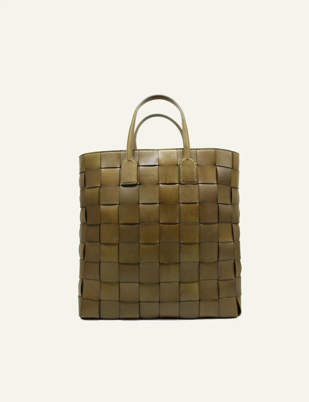 Dragon Diffusion khaki woven leather tote bag with structured design front view