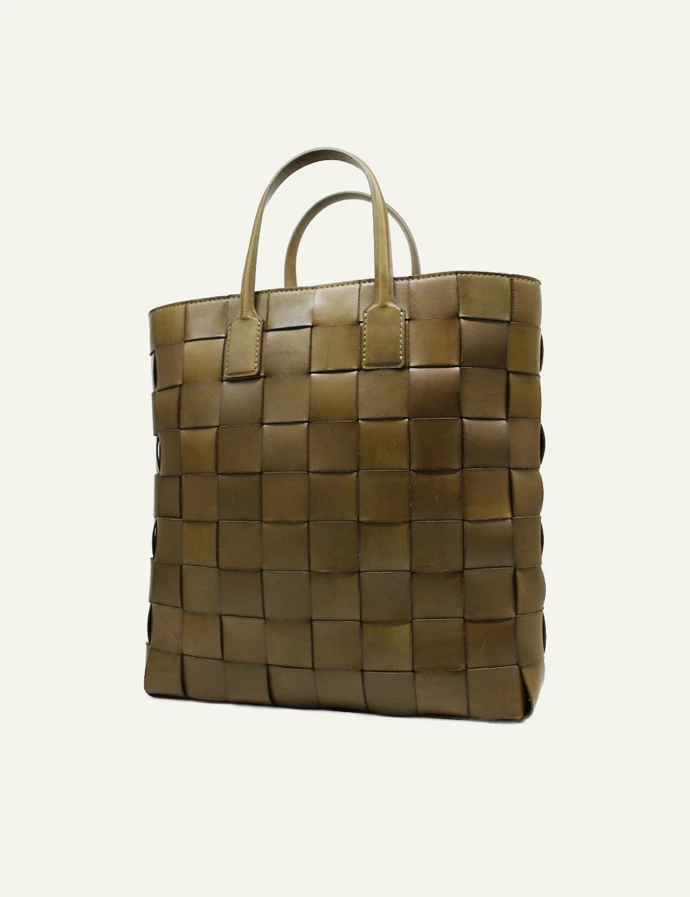 Dragon Diffusion khaki woven leather tote bag with structured design side view