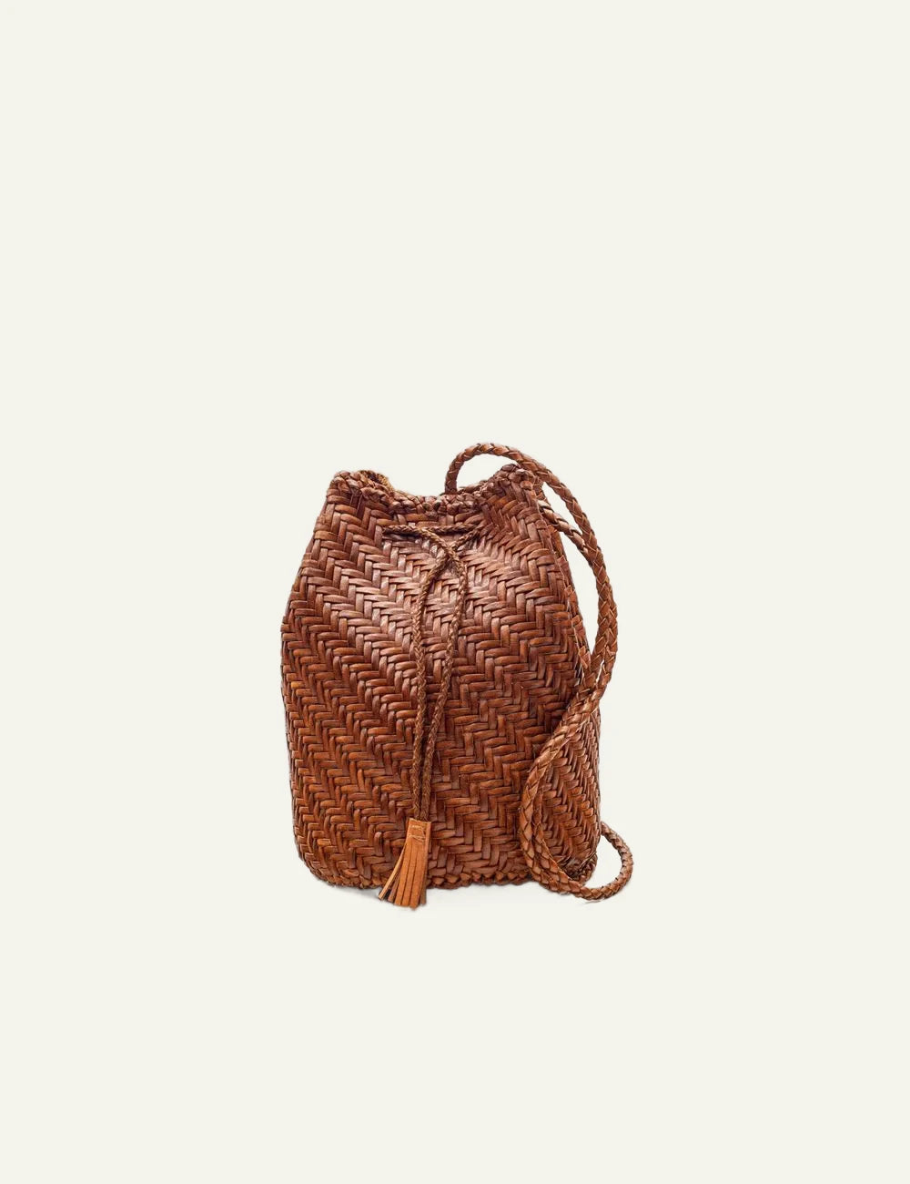 Dragon Diffusion woven leather bucket bag Tan front view