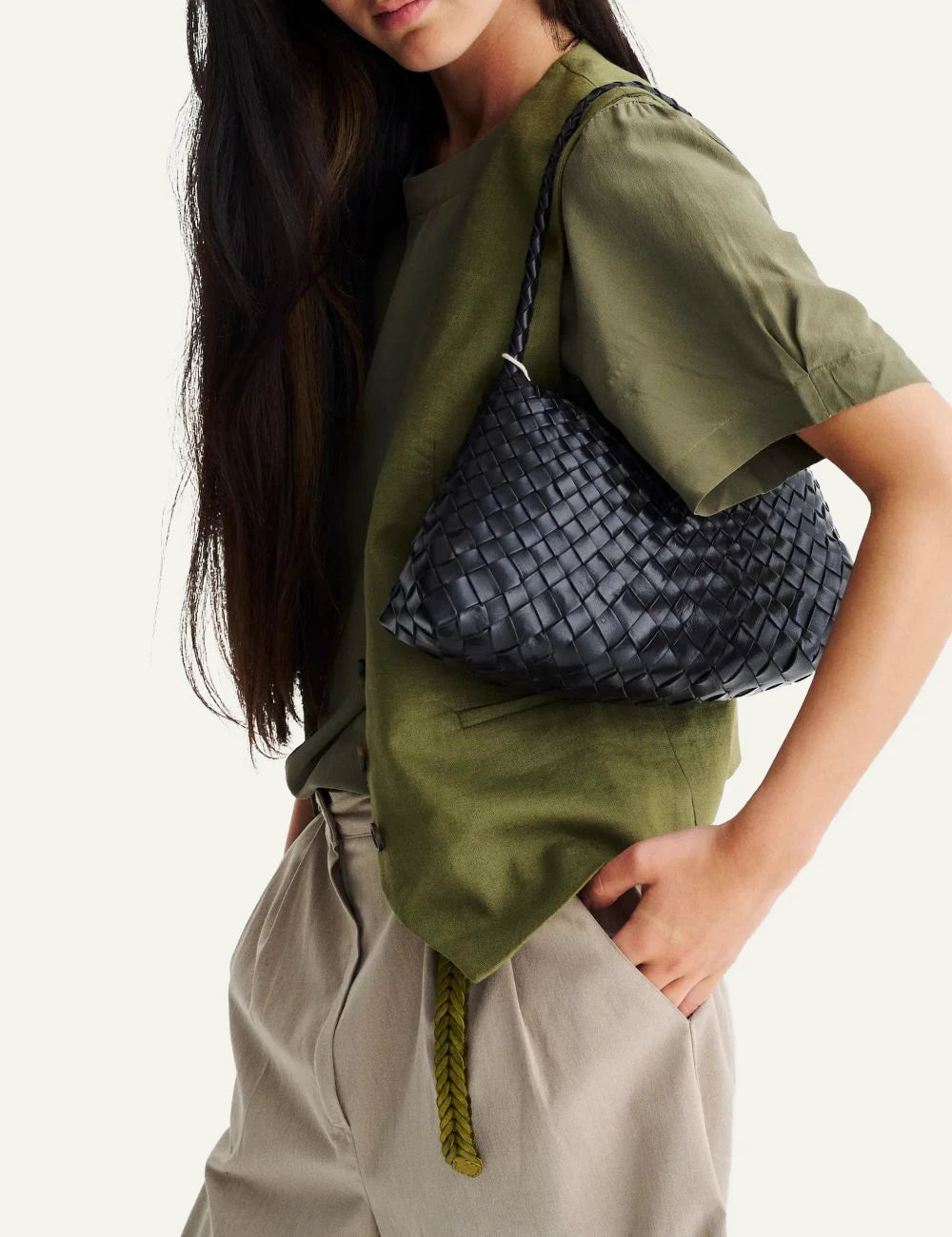 Dragon Diffusion Rosanna black woven leather baguette bag on model