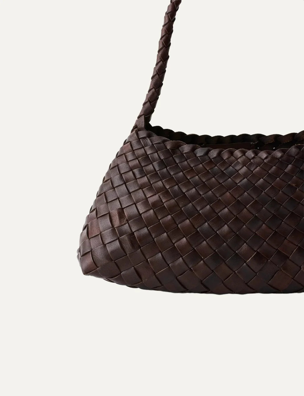 Dragon Diffusion women Rosanna dark brown handwoven buffalo leather baguette shoulder bag half close up view