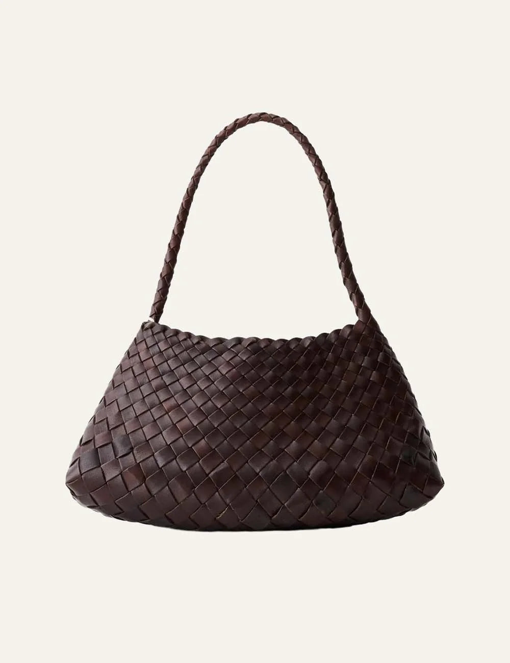 Dragon Diffusion women Rosanna dark brown handwoven buffalo leather baguette shoulder bag front view