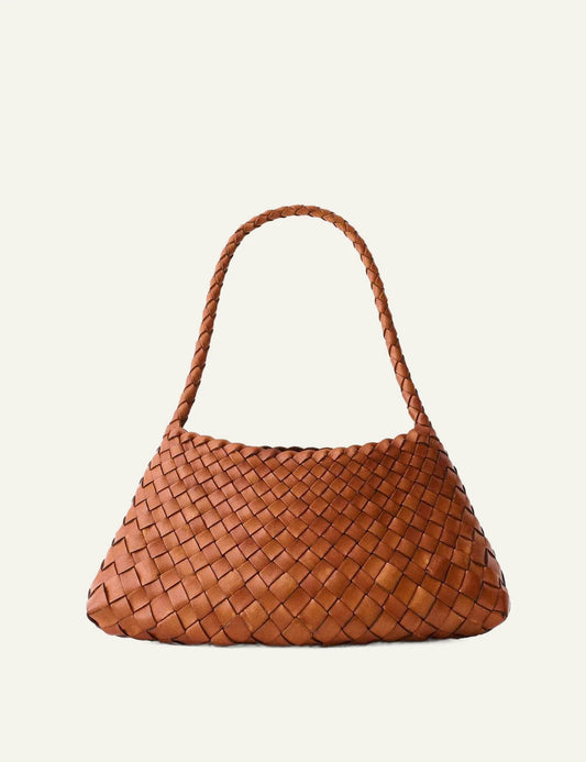 Dragon Diffusion Rosanna tan woven leather baguette bag front view