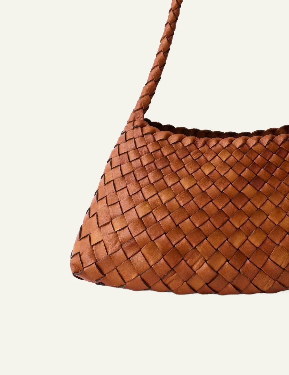 Dragon Diffusion Rosanna tan woven leather baguette bag close up details