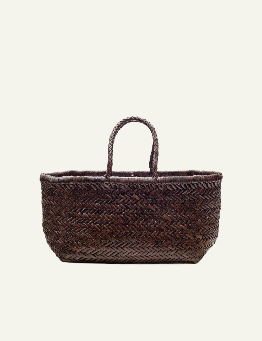 Dragon Diffusion woven leather basket bag in dark brown with chevron weave front view
