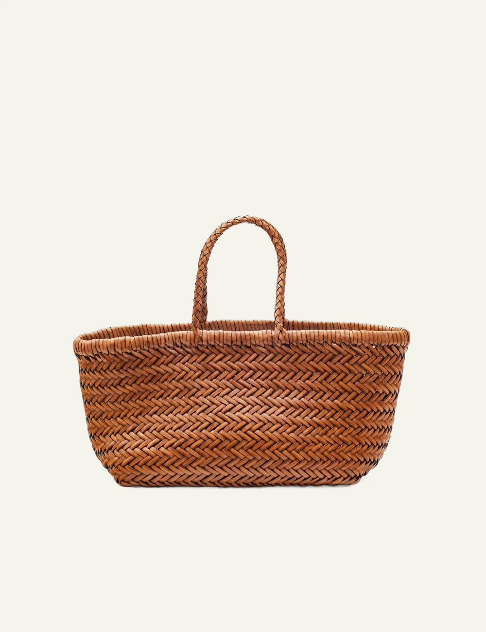 Dragon Diffusion woven leather basket bag in tan with chevron weave front view