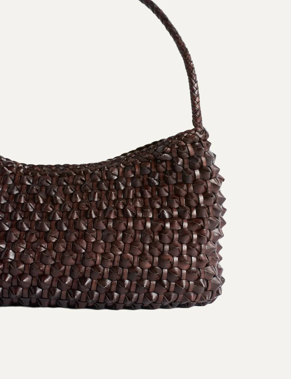 Dragon Diffusion women Basil Cactus dark brown handwoven buffalo leather shoulder bag half close up view