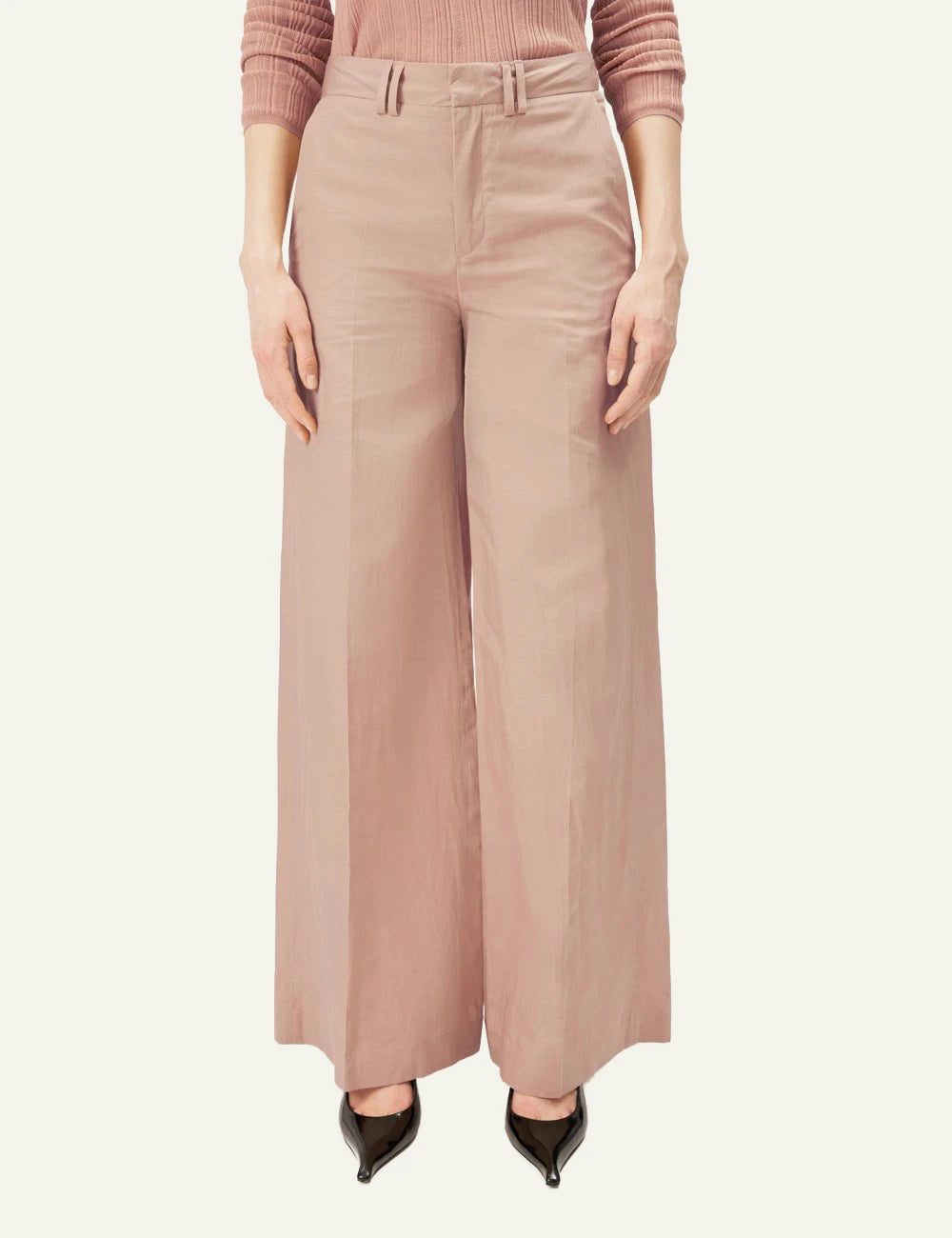 Drykorn Aquite trousers beige wide leg Marlene mid waist front detail view