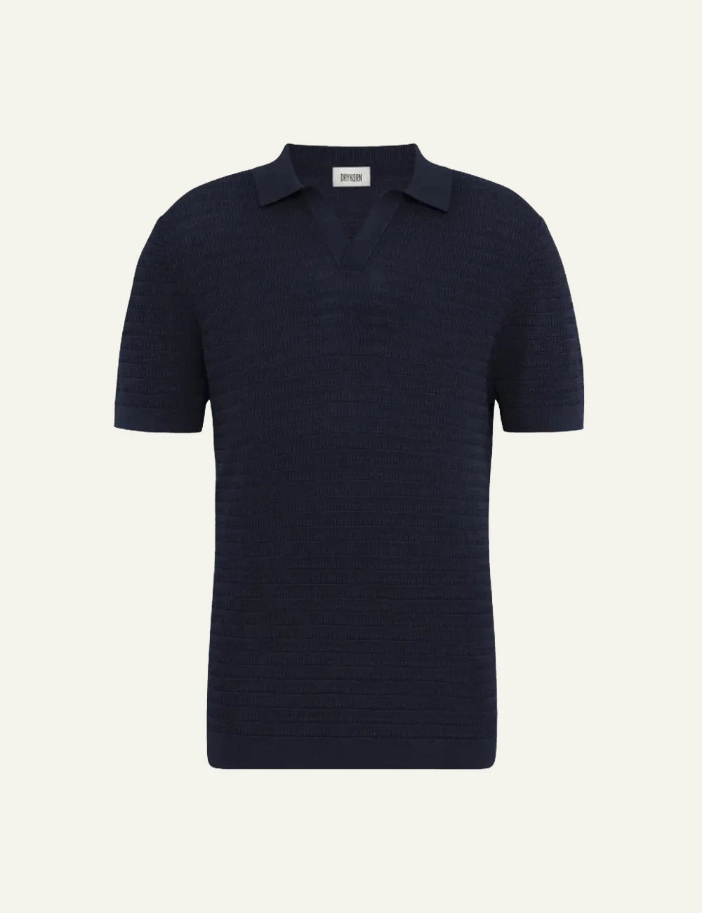 Drykorn BRAIAN knit polo shirt navy short sleeve V-neck textured regular fit front flat view
