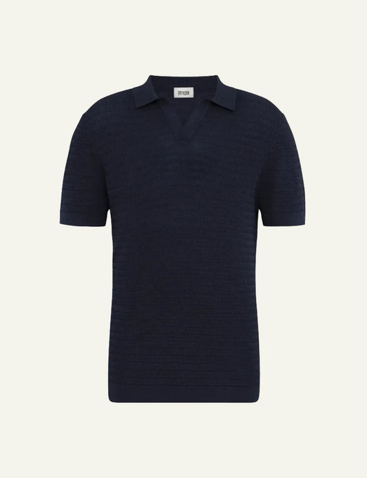 Drykorn BRAIAN knit polo shirt navy short sleeve V-neck textured regular fit front flat view