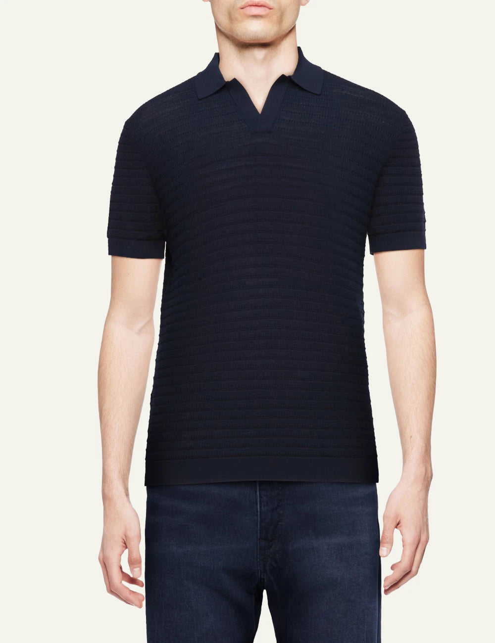 Drykorn BRAIAN knit polo shirt navy short sleeve V-neck textured regular fit front model view