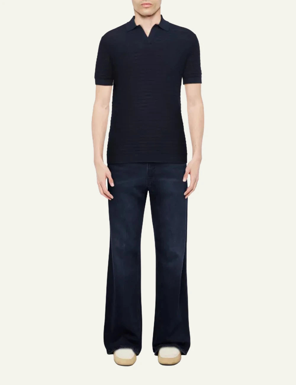 Drykorn BRAIAN knit polo shirt navy short sleeve V-neck textured regular fit front full body view
