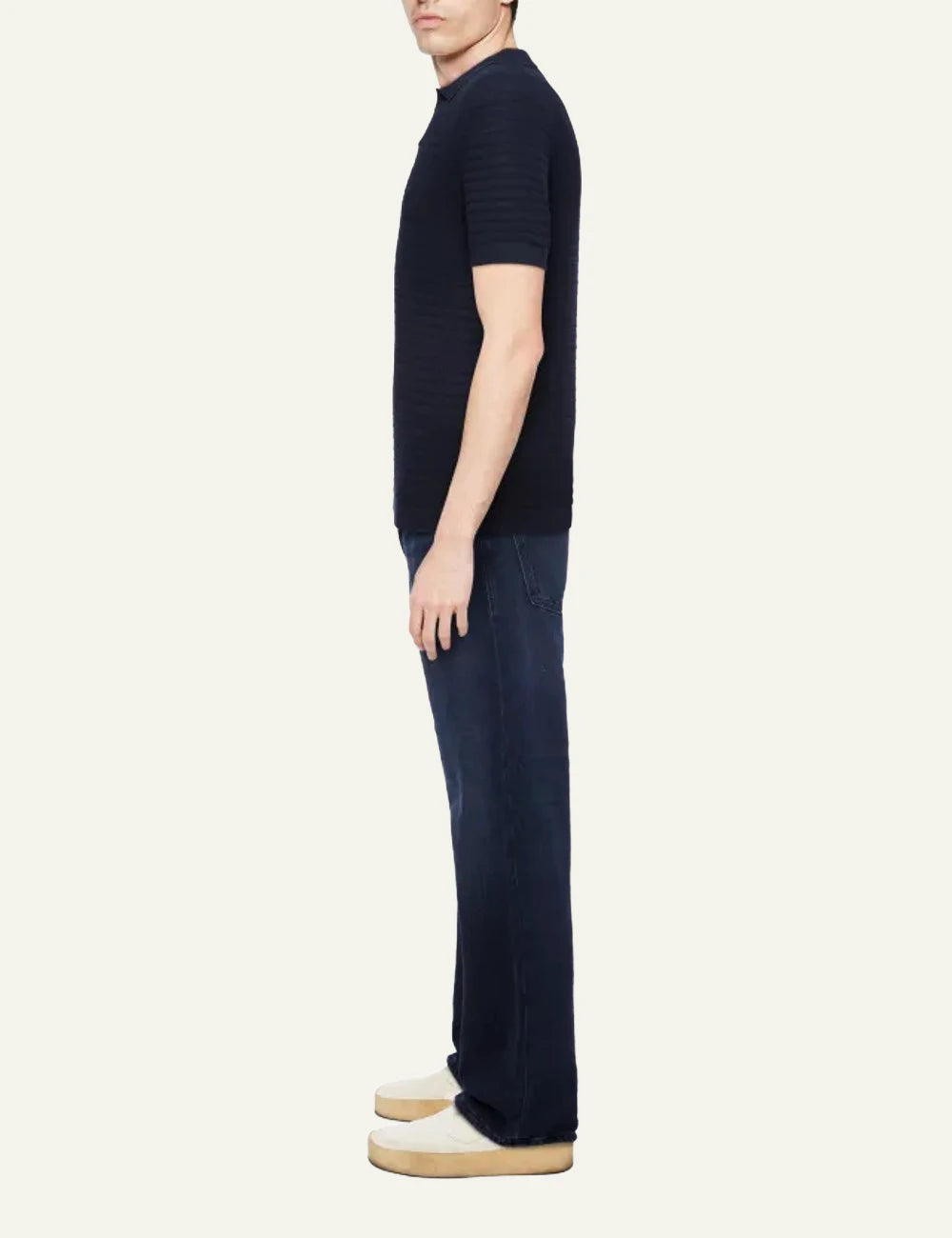 Drykorn BRAIAN knit polo shirt navy short sleeve V-neck textured regular fit side view