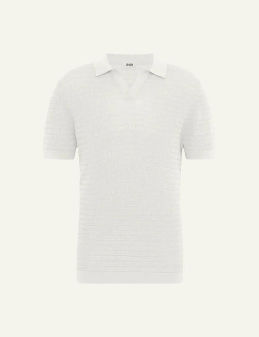Drykorn BRAIAN knit polo shirt white short sleeve V-neck textured regular fit front flat view