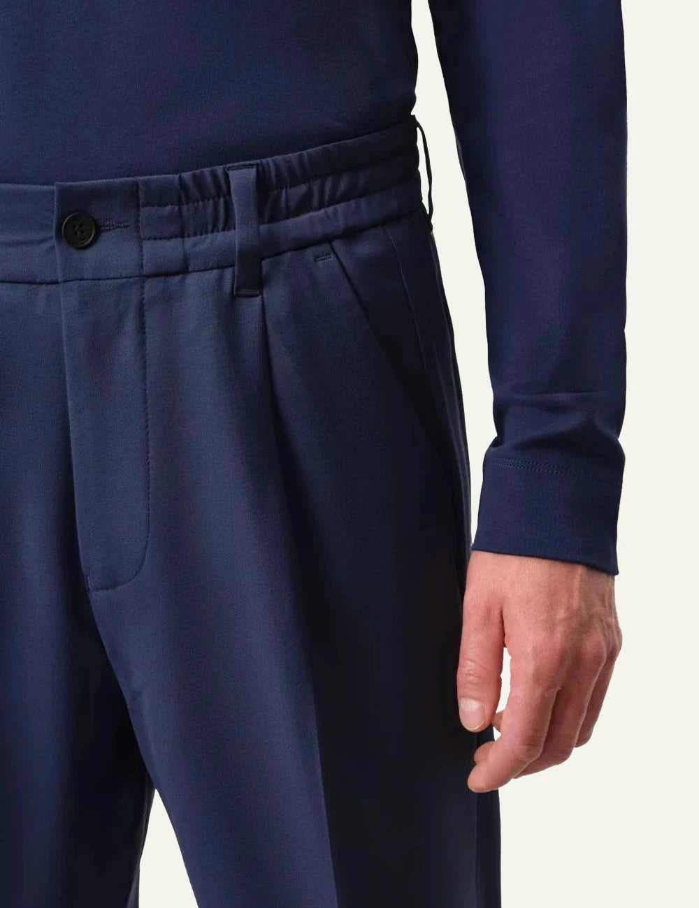Drykorn CHASY tailored pants navy blue tapered cropped front detail view