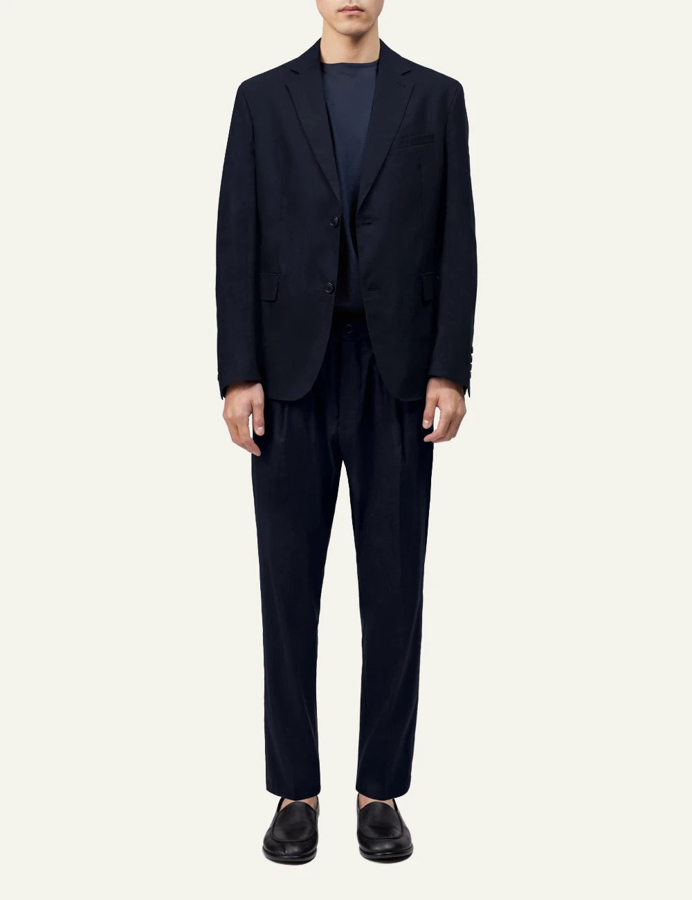 Drykorn CHASY trousers navy tapered cropped mid waist tailored front full body view