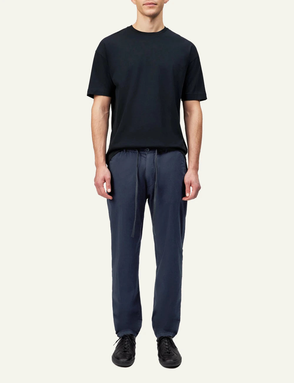 Drykorn DEGER trousers navy tapered mid waist drawstring tailored front full body view