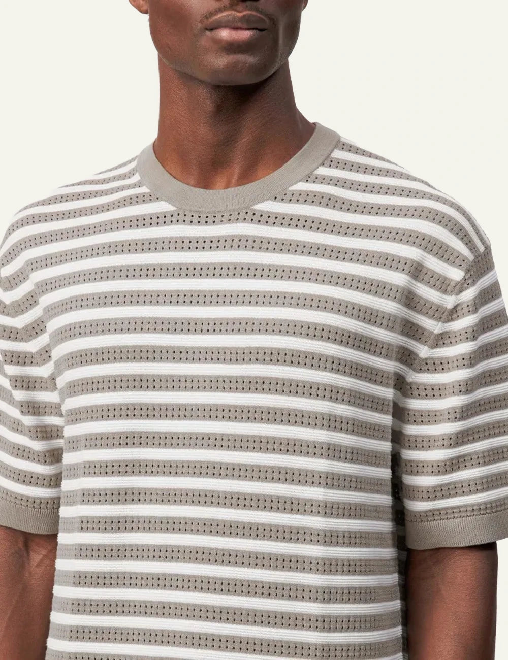 Drykorn DERICO knit t-shirt beige white striped openwork cotton short sleeve front detail view