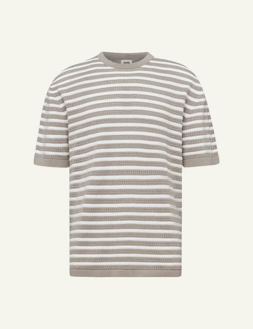 Drykorn DERICO knit t-shirt beige white striped openwork cotton short sleeve front flat view