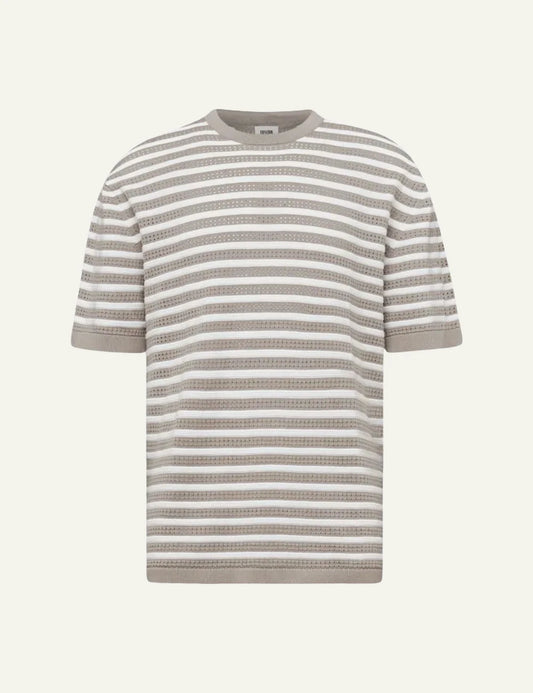 Drykorn DERICO knit t-shirt beige white striped openwork cotton short sleeve front flat view