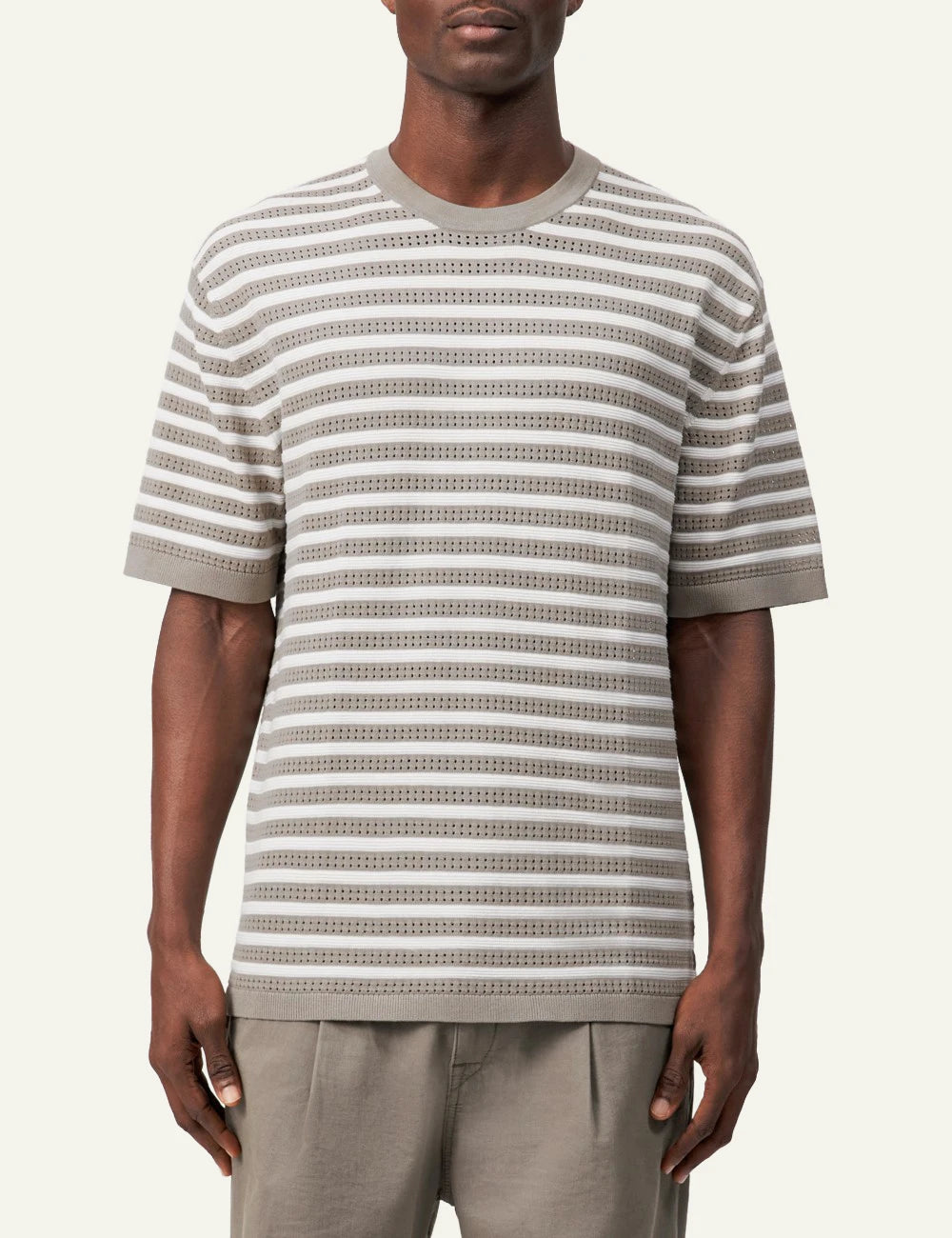 Drykorn DERICO knit t-shirt beige white striped openwork cotton short sleeve front model view