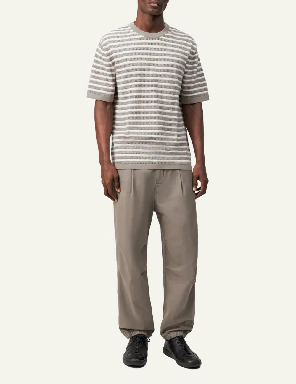 Drykorn DERICO knit t-shirt beige white striped openwork cotton short sleeve front model view