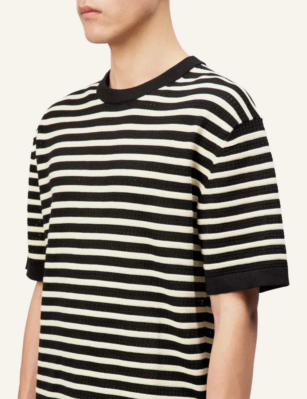 Drykorn DERICO knit t-shirt black white striped openwork cotton short sleeve side detail view