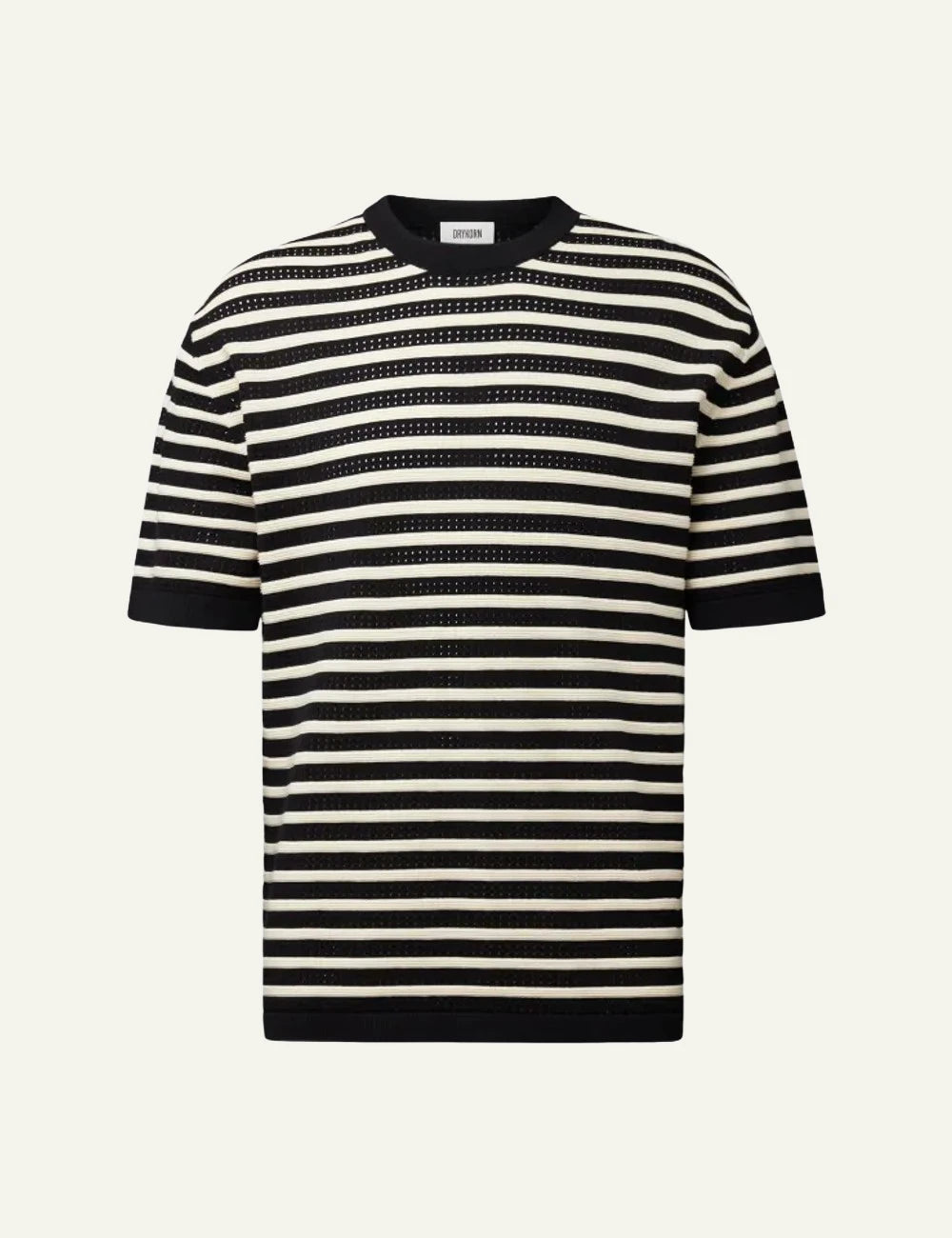 Drykorn DERICO knit t-shirt black white striped openwork cotton short sleeve front flat view