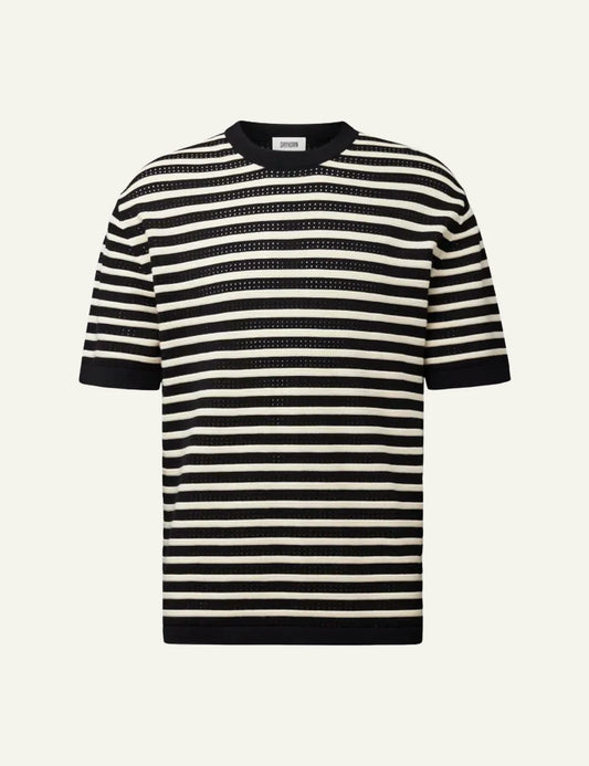 Drykorn DERICO knit t-shirt black white striped openwork cotton short sleeve front flat view