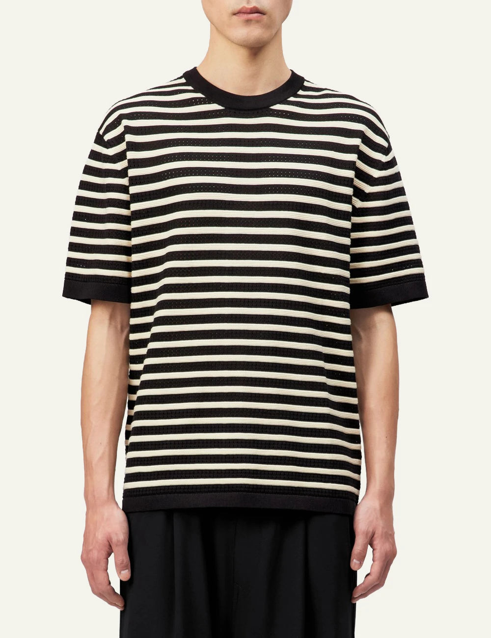 Drykorn DERICO knit t-shirt black white striped openwork cotton short sleeve front model view