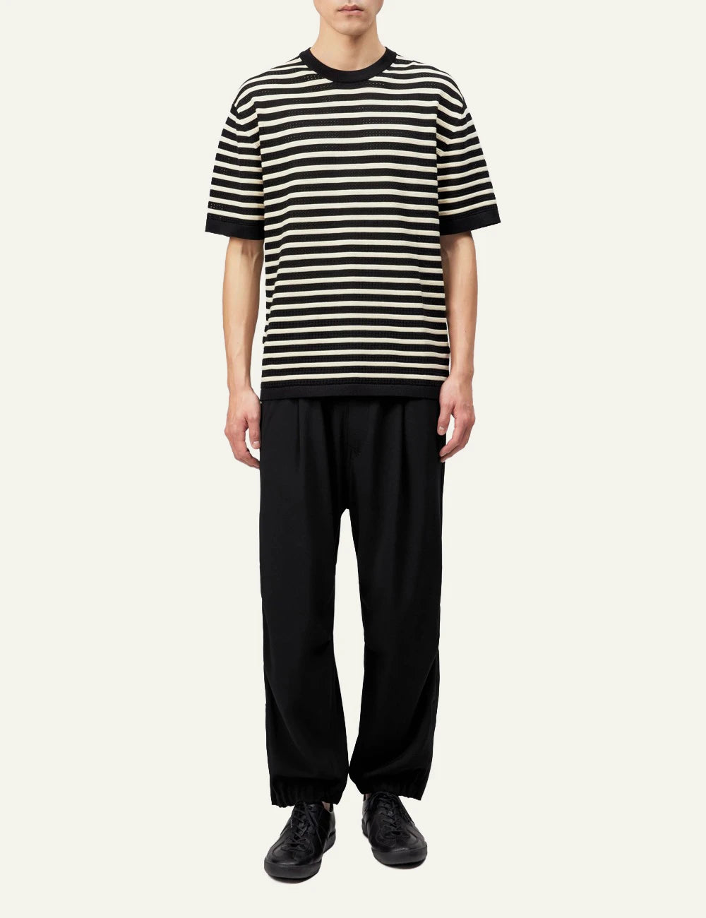 Drykorn DERICO knit t-shirt black white striped openwork cotton short sleeve front full body view