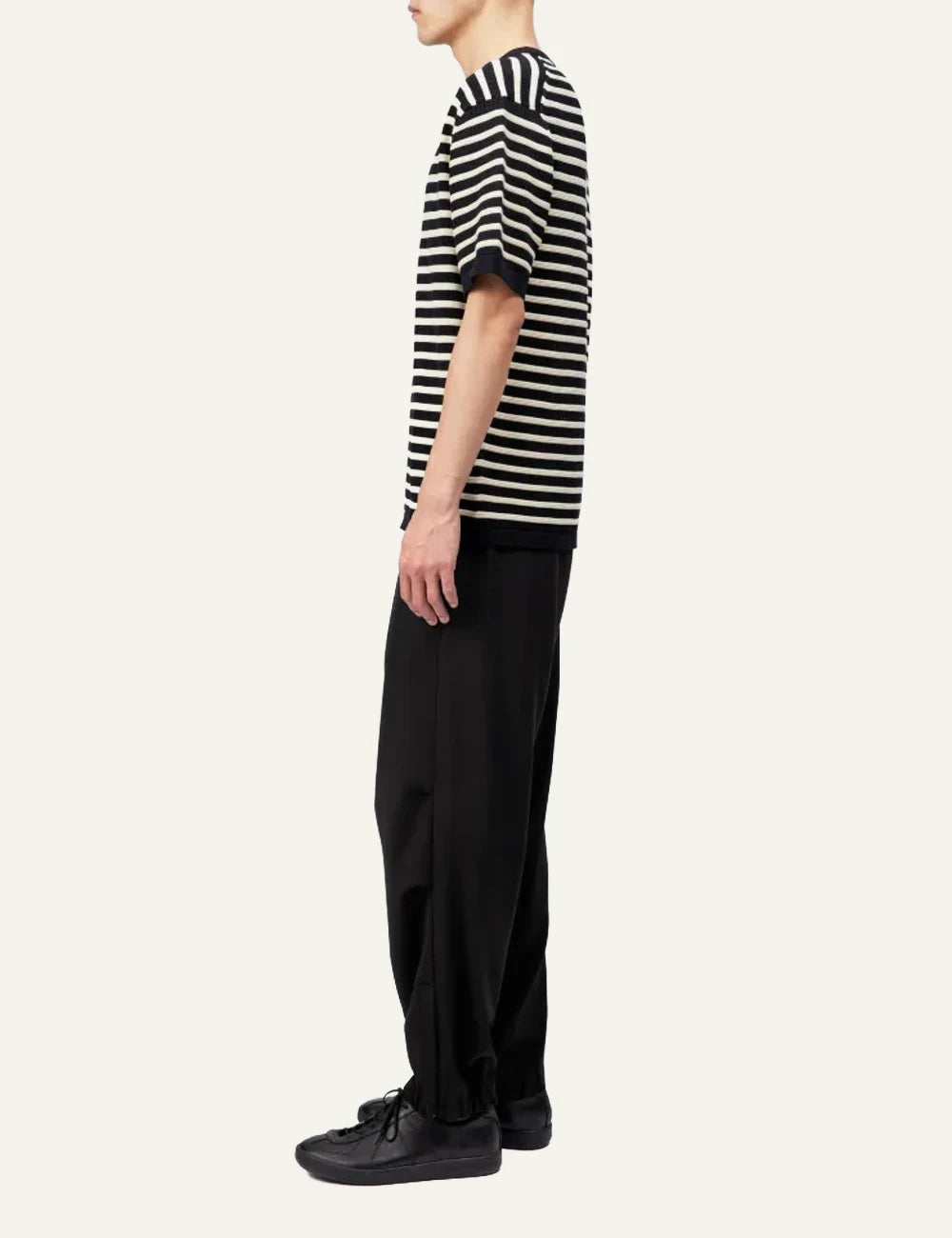 Drykorn DERICO knit t-shirt black white striped openwork cotton short sleeve side view