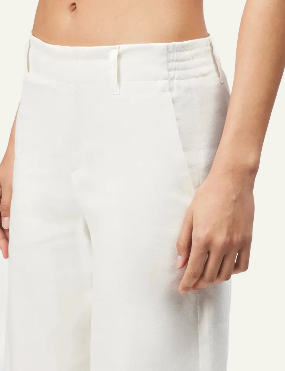 Drykorn Dutiful trousers off white barrel leg O shape mid waist front detail view