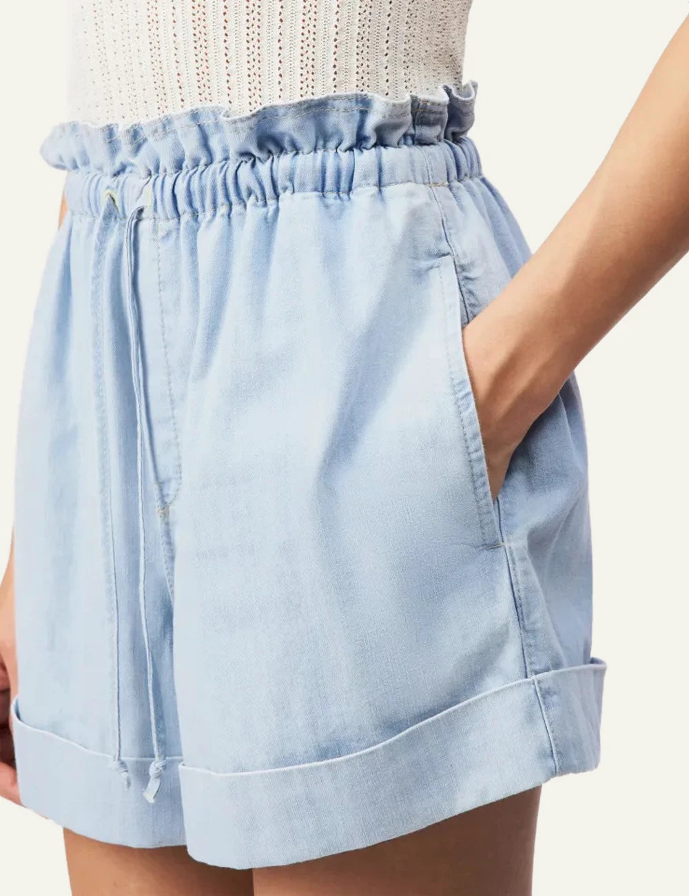 Drykorn EDICT shorts light blue denim paperbag high waist relaxed pocket view