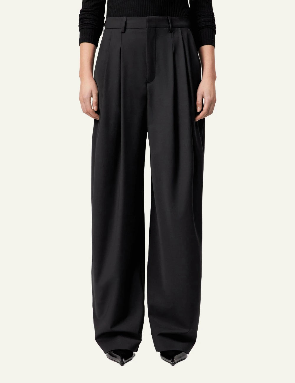 Drykorn ELICIT trousers black pleated wide O-shape high waist front model view