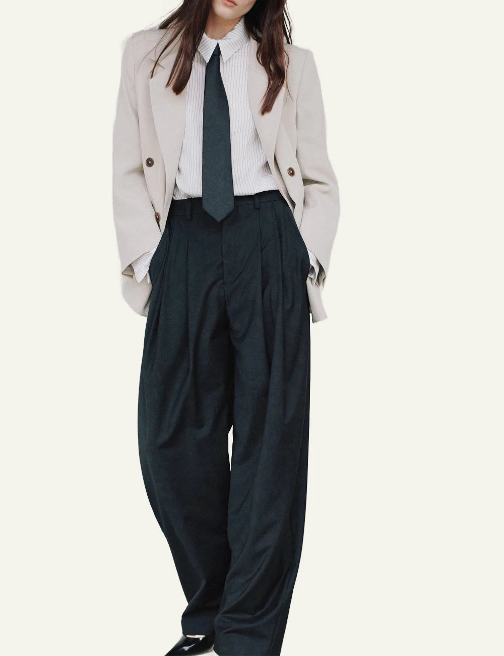 Drykorn ELICIT trousers black pleated wide O-shape high waist front full body view