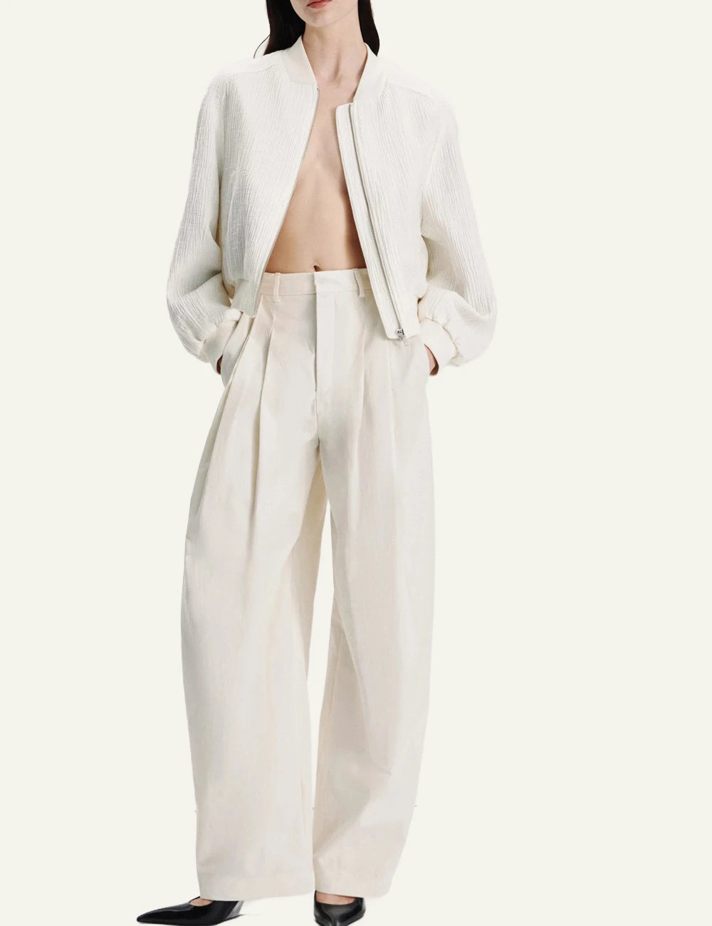 Drykorn ELICIT trousers off white pleated wide O-shape high waist front full body view