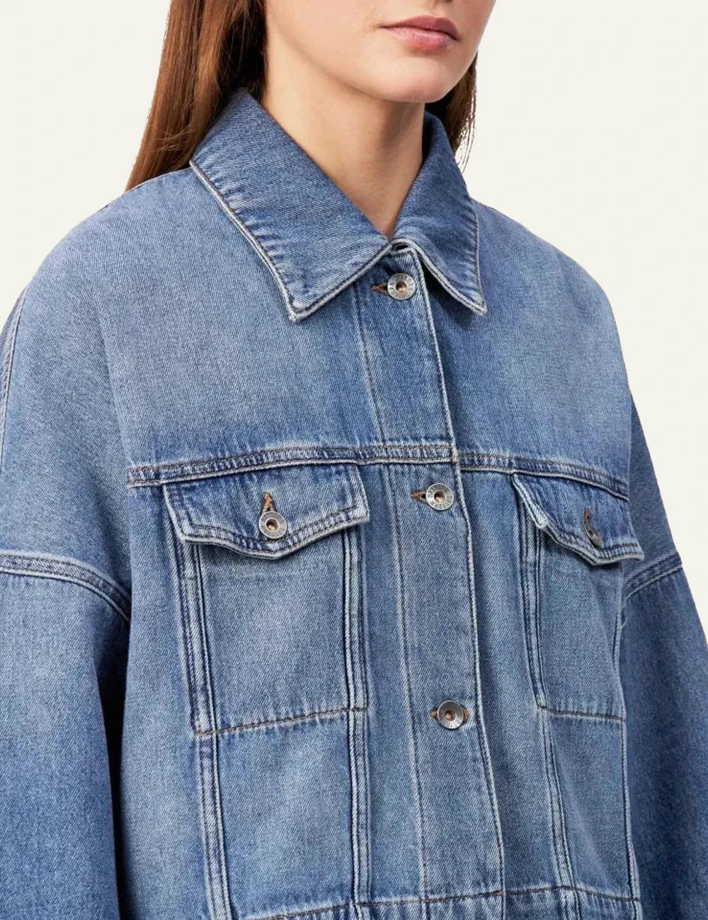 Drykorn HOLBROOKS denim jacket light blue oversized boxy cropped front detail view