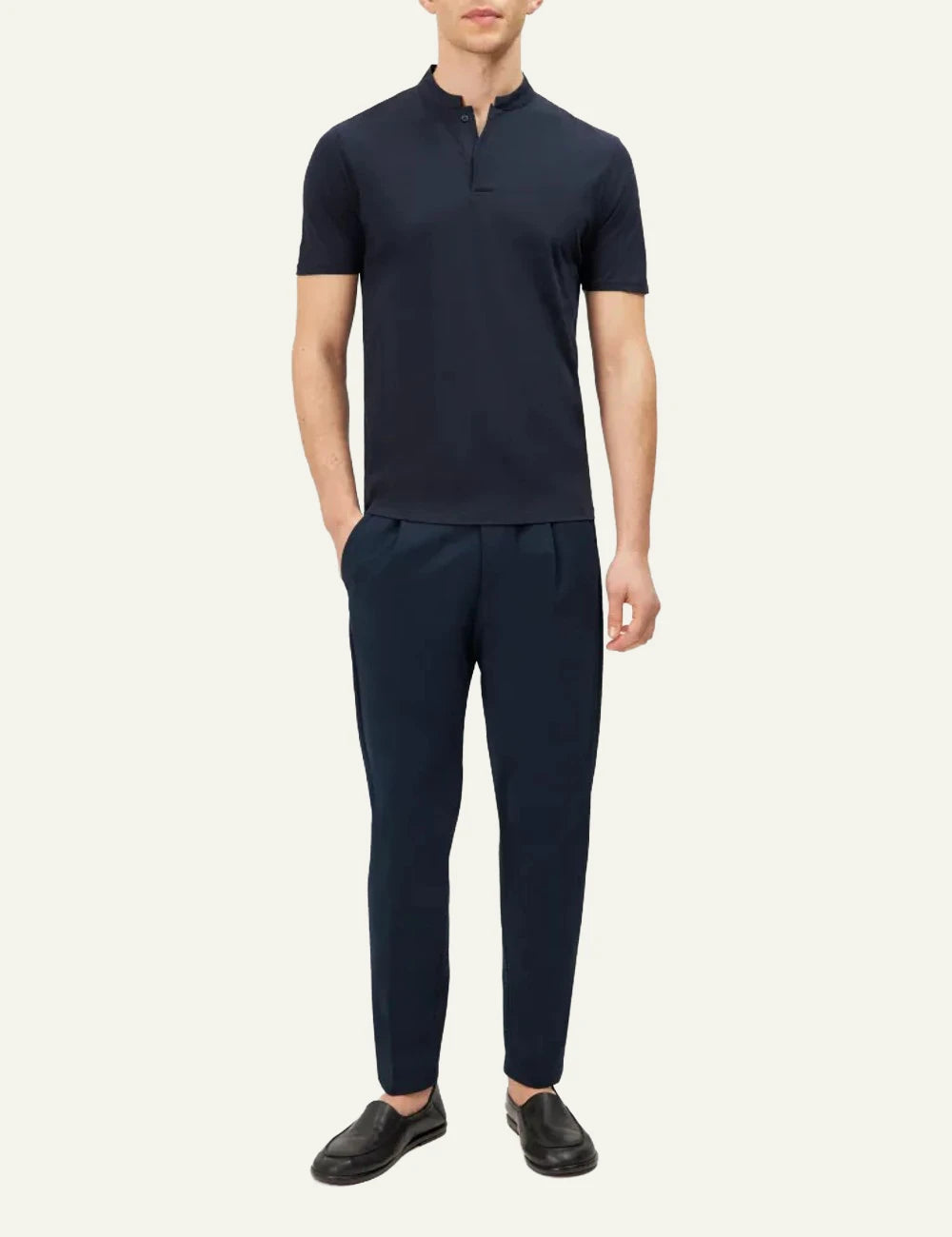 Drykorn Louis t-shirt navy stand collar short sleeve front full body view